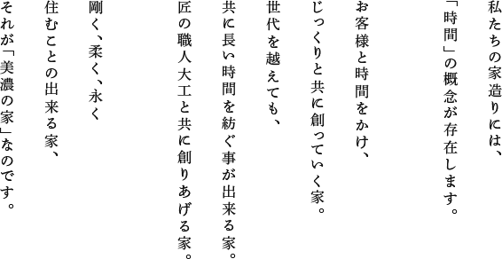 私たちの家造りには、「時間」の概念が存在します。お客様と時間をかけ、じっくりと共に創っていく家。世代を越えても、共に長い時間を紡ぐことができる家。匠の職人大工とともに創りあげる家。剛く、柔く、永く住むことのできる家、それが「美濃の家」なのです。